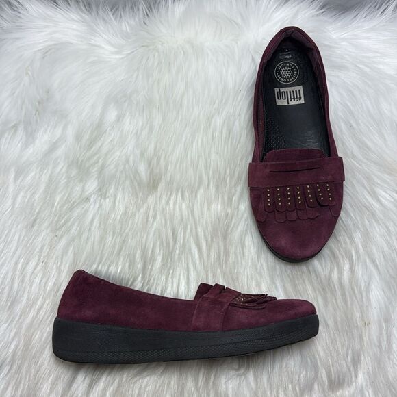 Fitflop Burgundy Suede Stud Fringe Penny Loafers Sz 6 - Picture 1 of 6